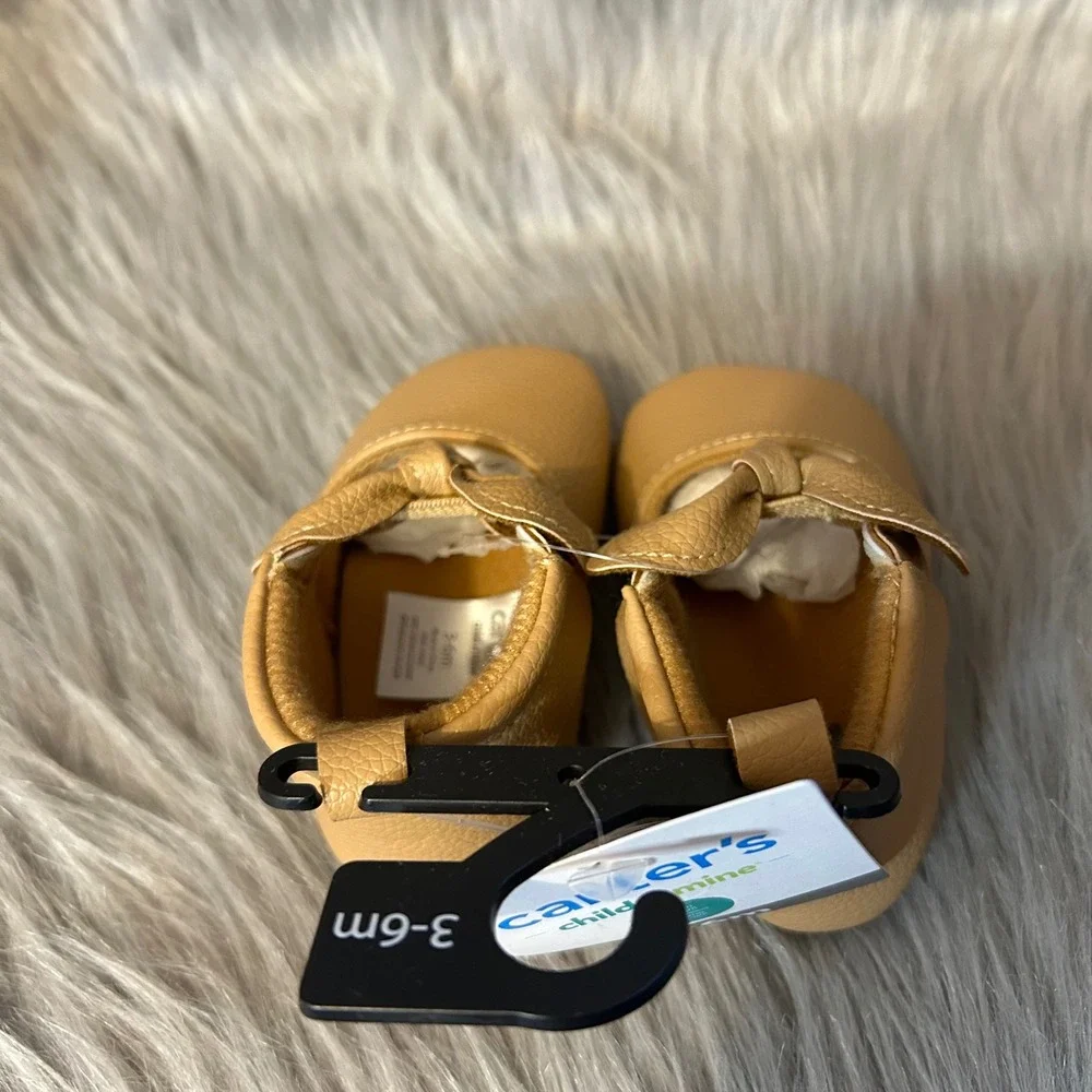 Carter's Child Of Mine Crib Shoes Baby Size‎ 3-6 Months Brown Bow Shoes NWT